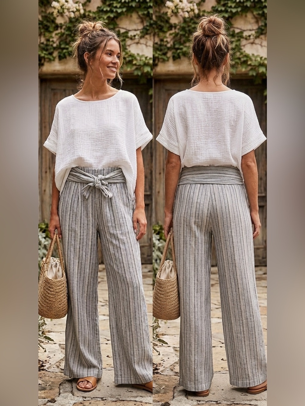 FREE PEOPLE Linen Striped Wide Leg Fold Over Pants - Picture 1 of 7